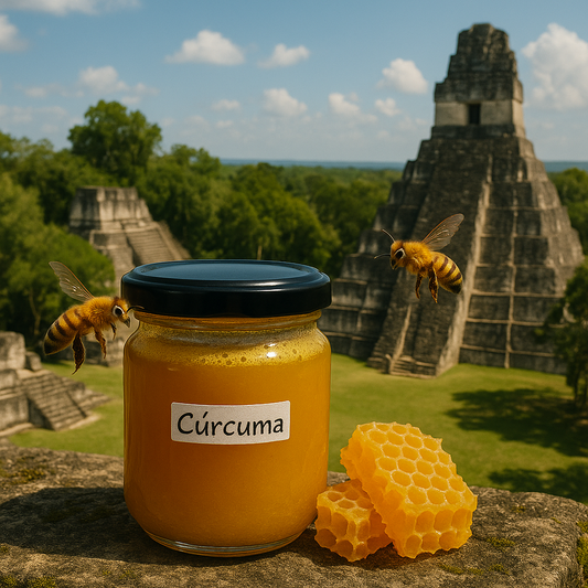 Golden Curcuma Honey jar surrounded by rainforest greenery and buzzing bees
