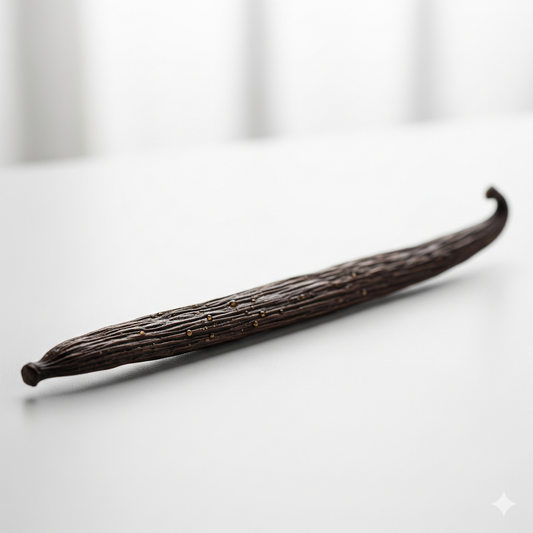 A high-angle, close-up product shot of a single, dark, wrinkled vanilla pod. The pod is placed diagonally across a bright, clean white surface. The lighting is soft and even, highlighting the pod's textured surface and casting a subtle shadow that gives the image depth. The background is a clean white, with a gentle blur to focus attention on the product.